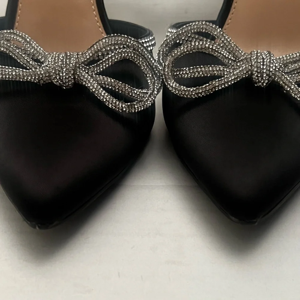BCBGeneration Black Satin Heels Rhinestone Bows Pointed Toe Shoes Womens Sz 9.5